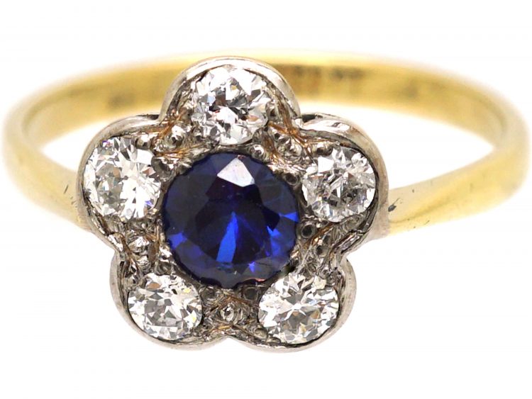 Edwardian 18ct Gold & Platinum, Sapphire & Diamond Flower Cluster Ring