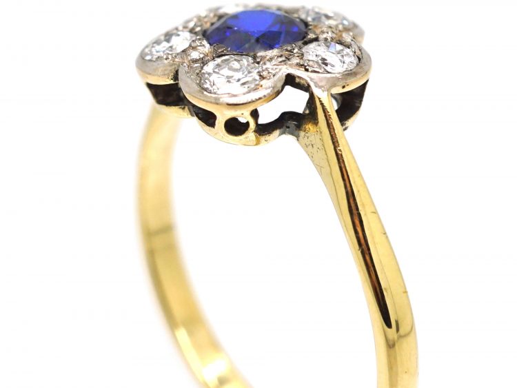 Edwardian 18ct Gold & Platinum, Sapphire & Diamond Flower Cluster Ring