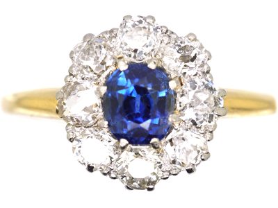 Edwardian 18ct Gold & Platinum, Sapphire & Diamond Cluster Ring