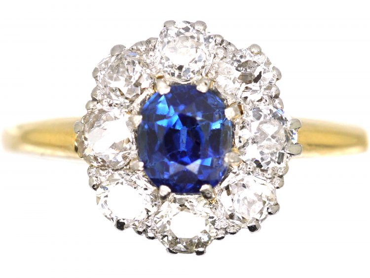 Edwardian 18ct Gold & Platinum, Sapphire & Diamond Cluster Ring