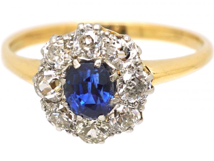 Edwardian 18ct Gold & Platinum, Sapphire & Diamond Cluster Ring