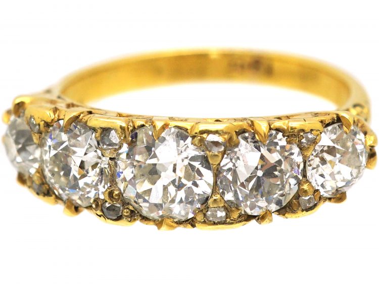 Victorian 18ct Gold, Carved Half Hoop Five Stone Diamond Ring