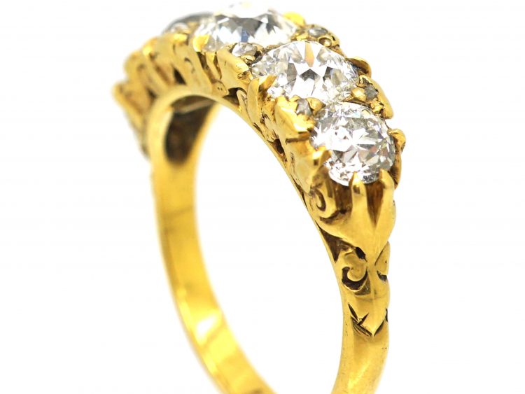 Victorian 18ct Gold, Carved Half Hoop Five Stone Diamond Ring