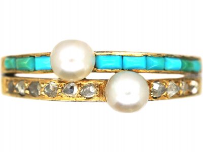 Early 20th Century 18ct Gold Ring set with Turquoise, Rose Diamonds & Natural Pearls