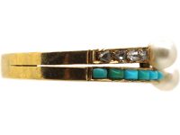 Early 20th Century 18ct Gold Ring set with Turquoise, Rose Diamonds & Natural Pearls