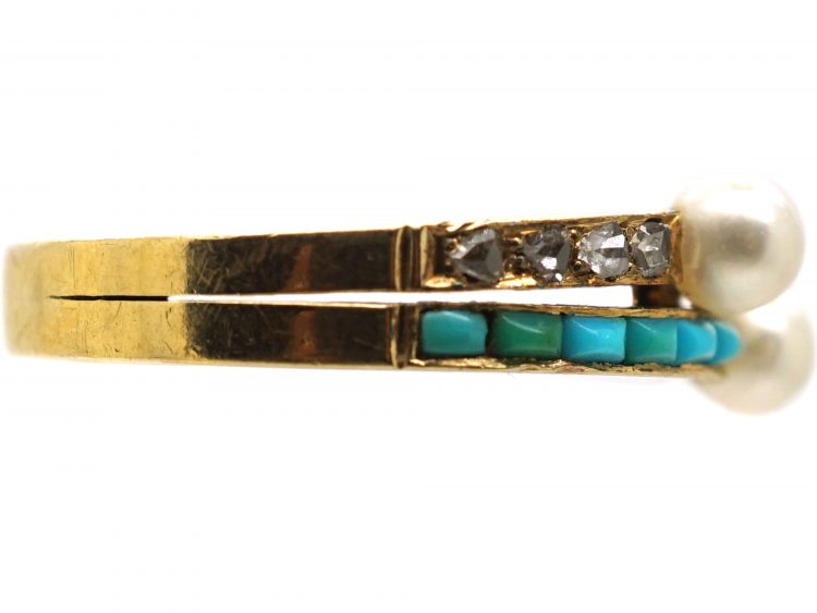 Early 20th Century 18ct Gold Ring set with Turquoise, Rose Diamonds & Natural Pearls