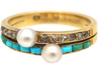 Early 20th Century 18ct Gold Ring set with Turquoise, Rose Diamonds & Natural Pearls