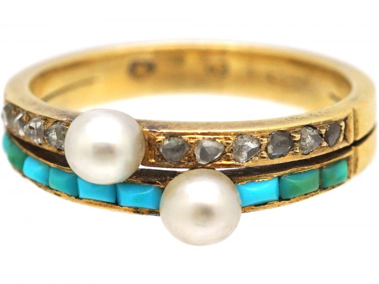 Early 20th Century 18ct Gold Ring set with Turquoise, Rose Diamonds & Natural Pearls