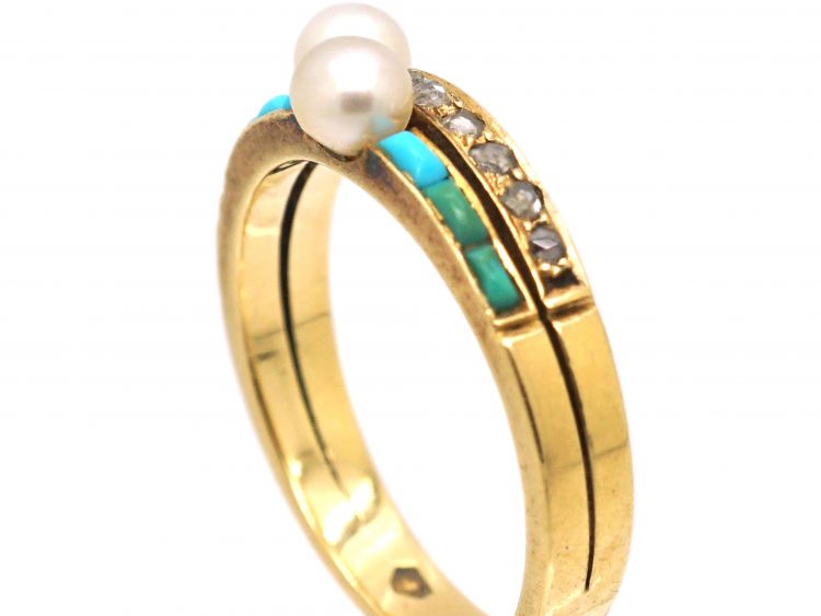 Early 20th Century 18ct Gold Ring set with Turquoise, Rose Diamonds & Natural Pearls