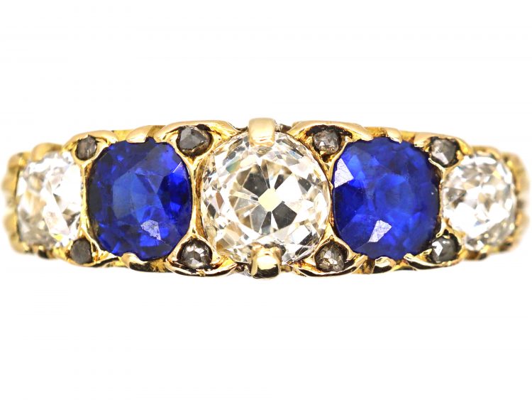 Victorian 18ct Gold, Five Stone Sapphire & Diamond Carved Half Hoop Ring