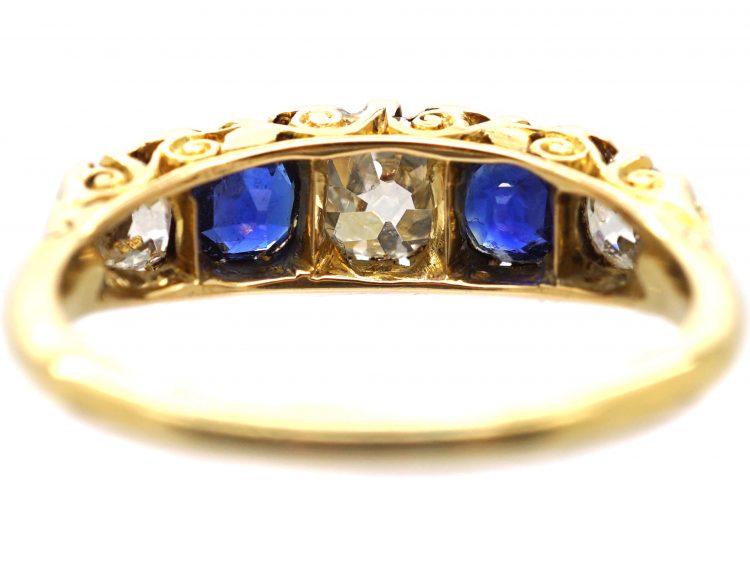Victorian 18ct Gold, Five Stone Sapphire & Diamond Carved Half Hoop Ring