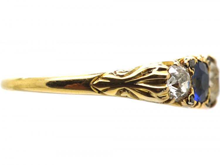 Victorian 18ct Gold, Five Stone Sapphire & Diamond Carved Half Hoop Ring