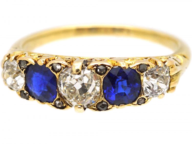 Victorian 18ct Gold, Five Stone Sapphire & Diamond Carved Half Hoop Ring