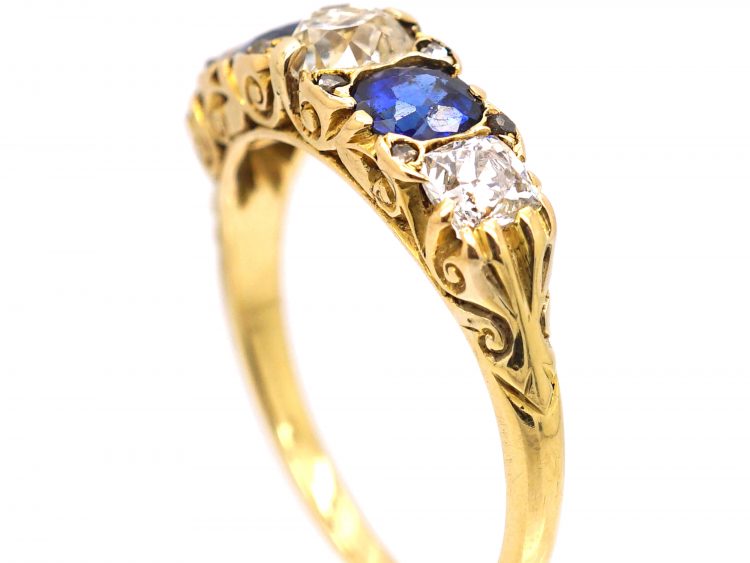 Victorian 18ct Gold, Five Stone Sapphire & Diamond Carved Half Hoop Ring
