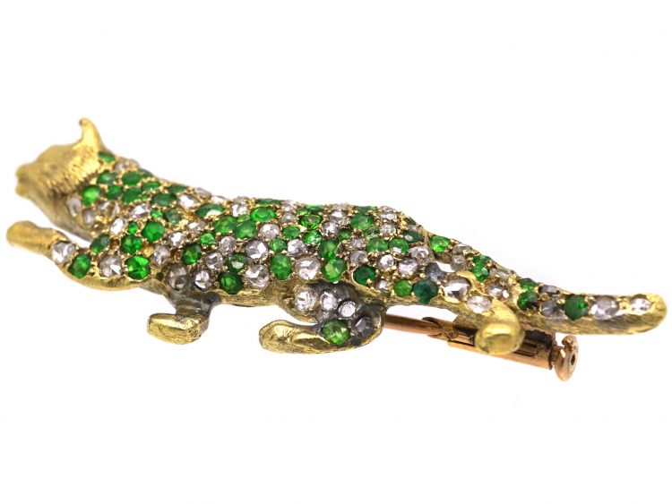Edwardian 18ct Gold Leopard Brooch set with Rose Diamonds & Green Garnets with Ruby Eyes