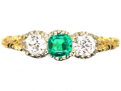 Early 20th Century 18ct Gold & Platinum, Emerald & Diamond Three Stone Ring