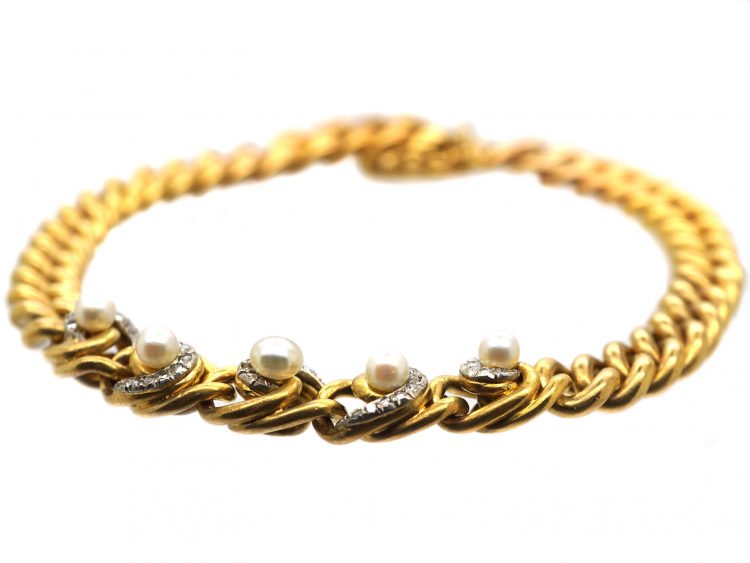 Edwardian 18ct Gold, Rose Diamond & Natural Pearl Bracelet