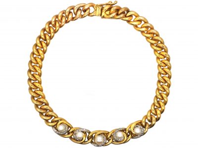 Edwardian 18ct Gold, Rose Diamond & Natural Pearl Bracelet