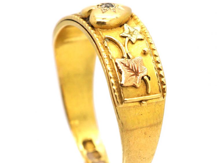 Edwardian 18ct Three Colour Gold & Diamond Heart Ring that Hinges Open & Spells Regard