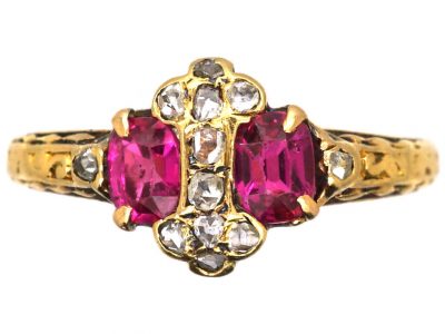 Georgian 18ct Gold Ring set with Two Rubies & Rose Diamonds