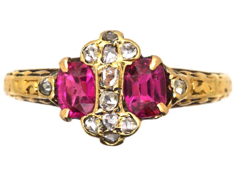 Georgian 18ct Gold Ring set with Two Rubies & Rose Diamonds