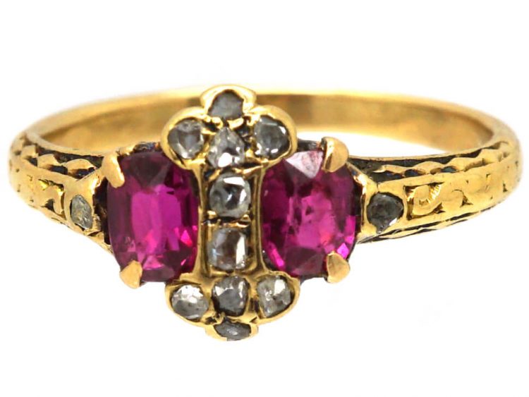 Georgian 18ct Gold Ring set with Two Rubies & Rose Diamonds