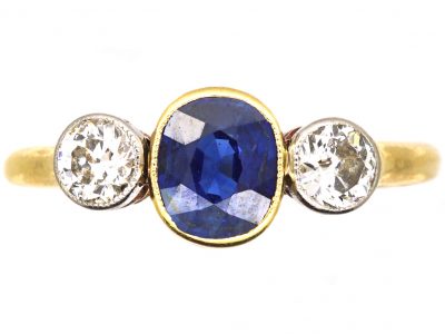 Edwardian 18ct Gold & Platinum, Three Stone Sapphire & Diamond Ring
