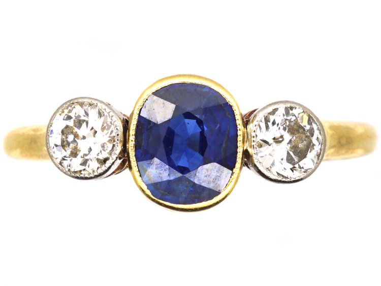Edwardian 18ct Gold & Platinum, Three Stone Sapphire & Diamond Ring