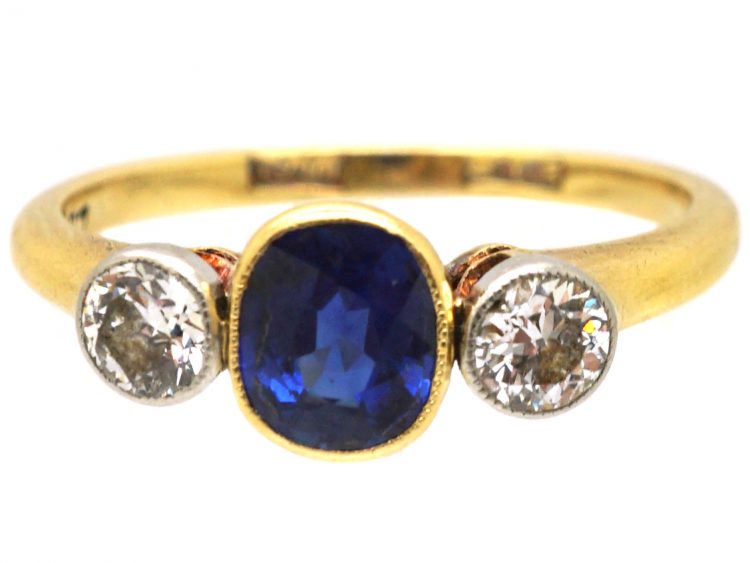 Edwardian 18ct Gold & Platinum, Three Stone Sapphire & Diamond Ring