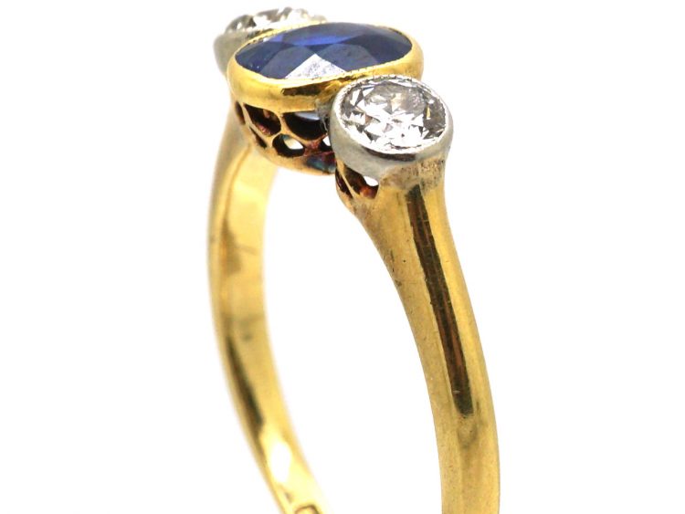 Edwardian 18ct Gold & Platinum, Three Stone Sapphire & Diamond Ring