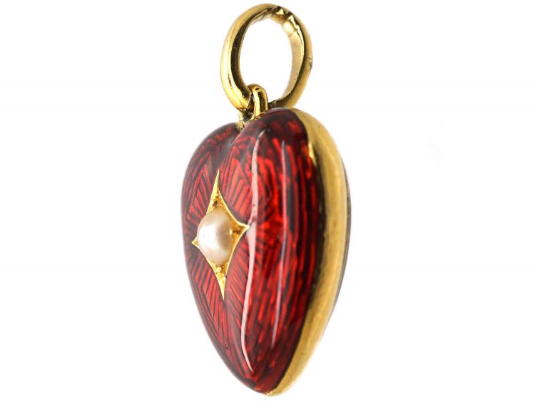 Edwardian 15ct Gold & Red Enamel Heart Shaped Pendant set with a Natural Split Pearl