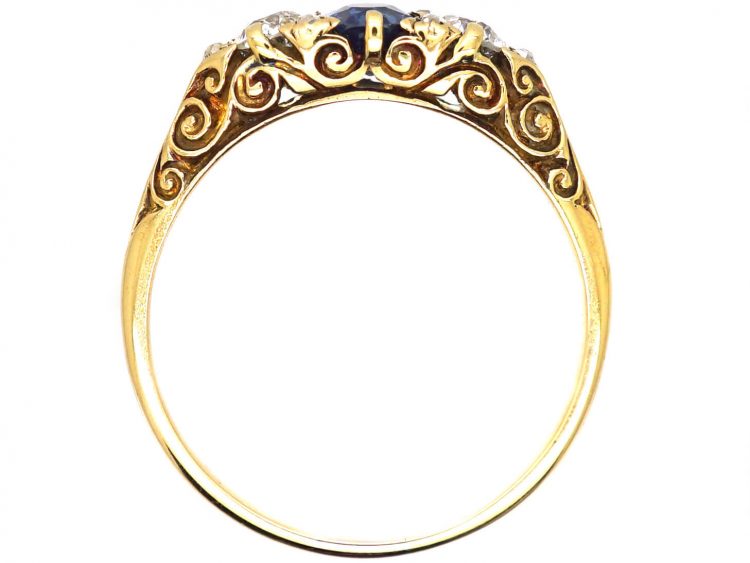 Edwardian 18ct Gold, Sapphire & Diamond Three Stone Carved Half Hoop Ring