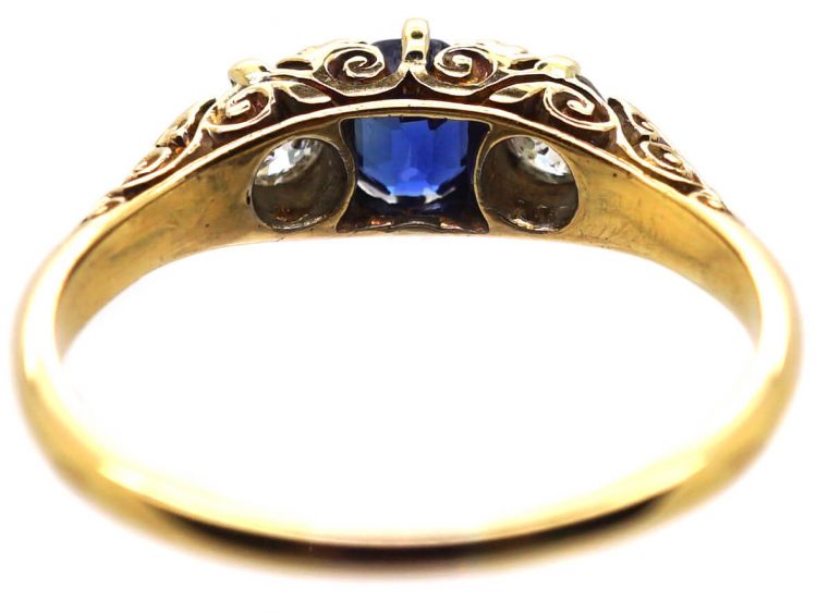 Edwardian 18ct Gold, Sapphire & Diamond Three Stone Carved Half Hoop Ring