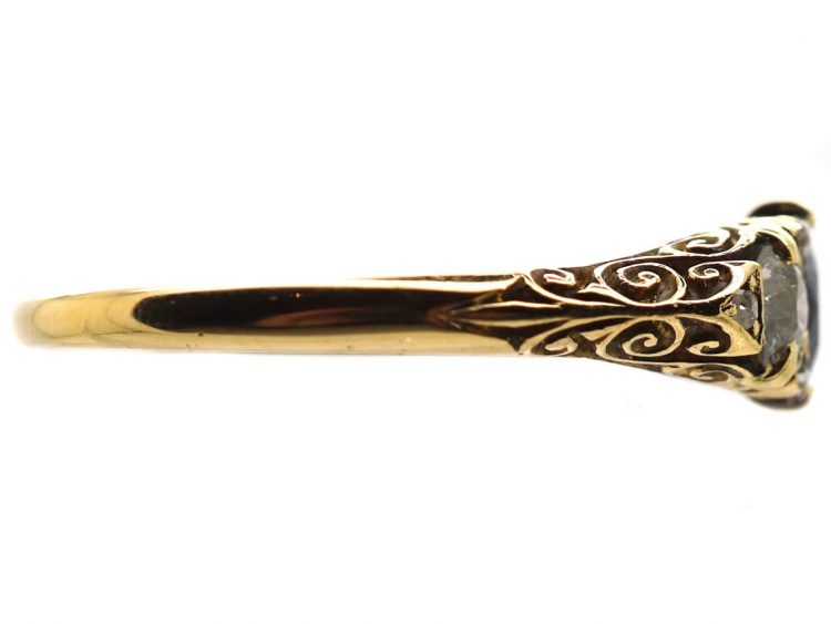 Edwardian 18ct Gold, Sapphire & Diamond Three Stone Carved Half Hoop Ring