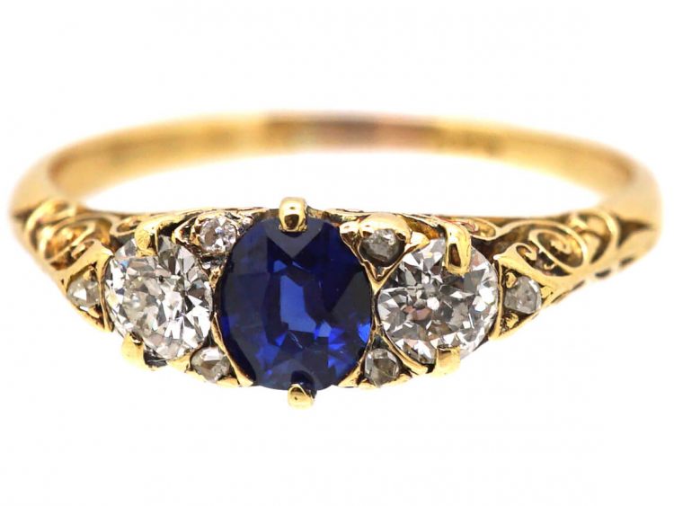 Edwardian 18ct Gold, Sapphire & Diamond Three Stone Carved Half Hoop Ring
