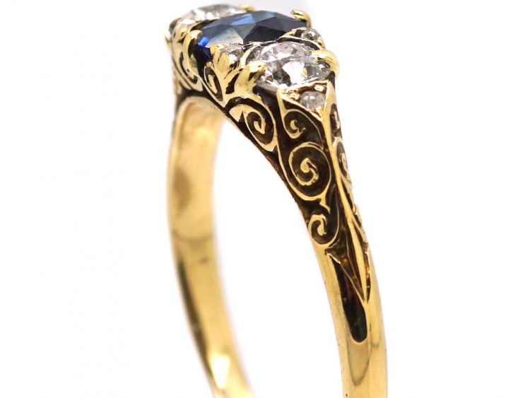 Edwardian 18ct Gold, Sapphire & Diamond Three Stone Carved Half Hoop Ring