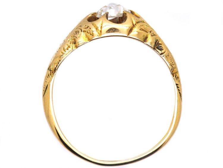 Victorian Engraved 18ct Gold Ring Claw set with a Rose Diamond