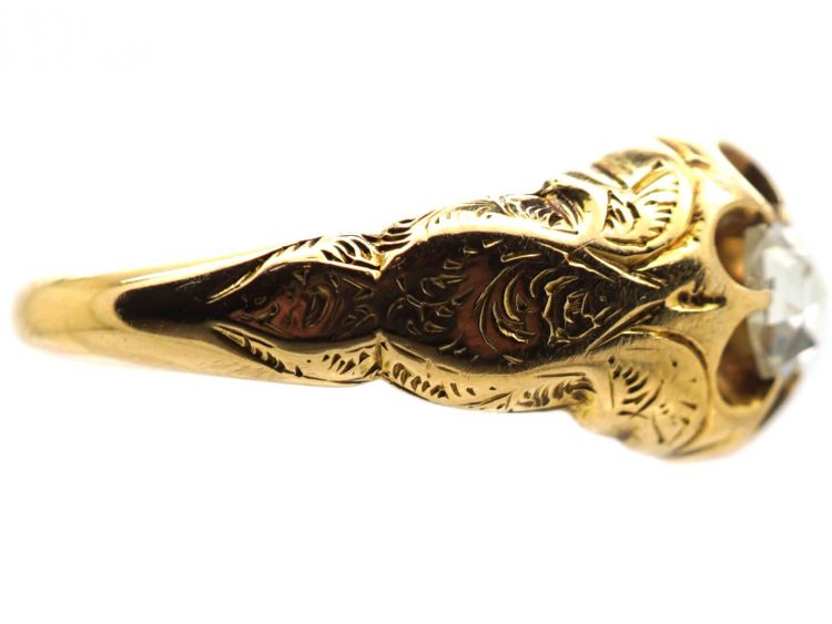Victorian Engraved 18ct Gold Ring Claw set with a Rose Diamond