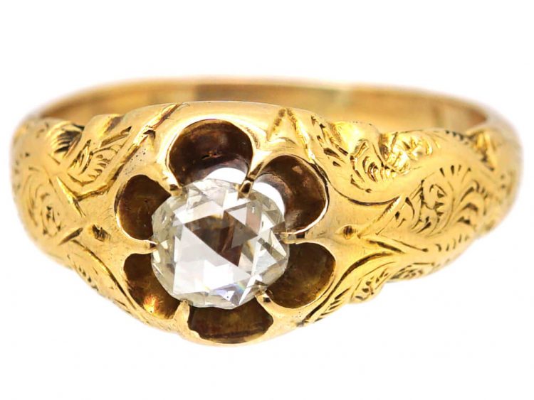 Victorian Engraved 18ct Gold Ring Claw set with a Rose Diamond