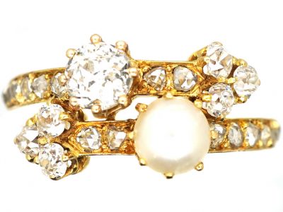 Edwardian 18ct Gold Arrows to Your Heart Ring set with Diamonds & a Natural Pearl