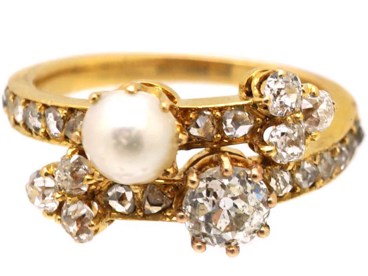 Edwardian 18ct Gold Arrows to Your Heart Ring set with Diamonds & a Natural Pearl