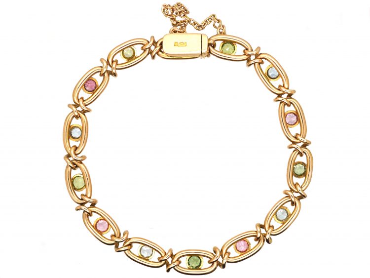 Edwardian 15ct Gold, Aquamarine, Pink Tourmaline & Peridot Bracelet