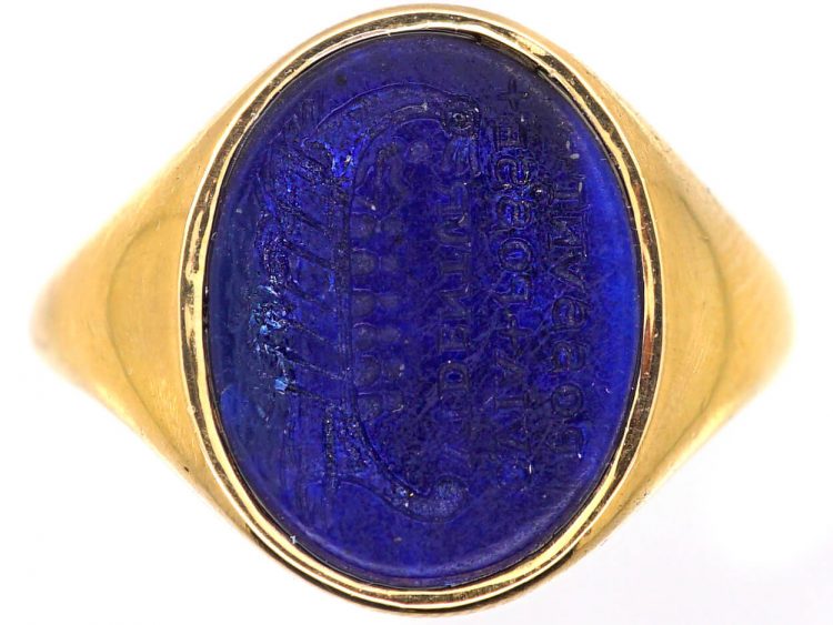 Early 20th Century 18ct Gold Signet Ring set with Lapis with an Intaglio of a Viking Boat