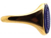 Early 20th Century 18ct Gold Signet Ring set with Lapis with an Intaglio of a Viking Boat