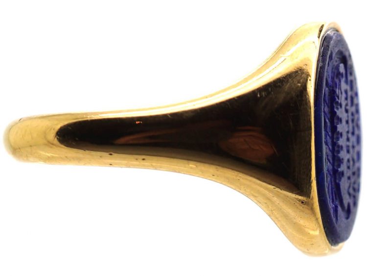 Early 20th Century 18ct Gold Signet Ring set with Lapis with an Intaglio of a Viking Boat