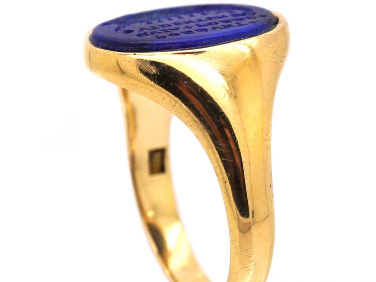Early 20th Century 18ct Gold Signet Ring set with Lapis with an Intaglio of a Viking Boat