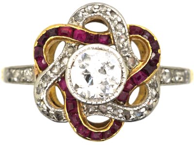 Early 20th Century French Import 18ct Gold Cluster Swirl Ring set with Diamonds & Rubies