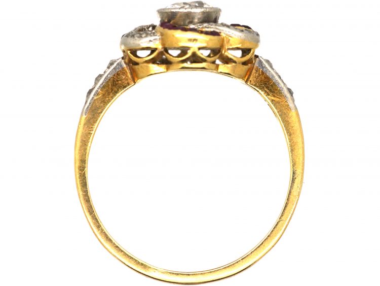 Early 20th Century French Import 18ct Gold Cluster Swirl Ring set with Diamonds & Rubies