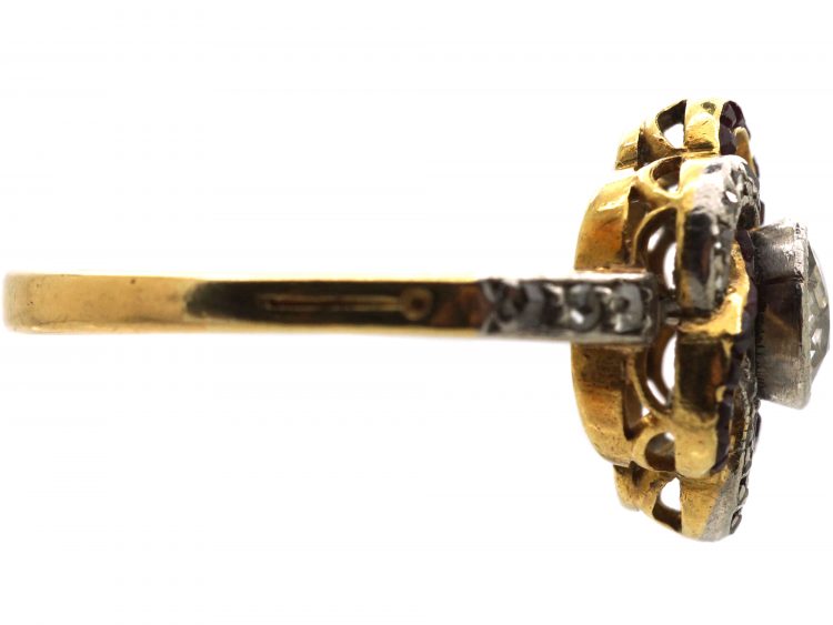 Early 20th Century French Import 18ct Gold Cluster Swirl Ring set with Diamonds & Rubies