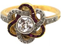 Early 20th Century French Import 18ct Gold Cluster Swirl Ring set with Diamonds & Rubies